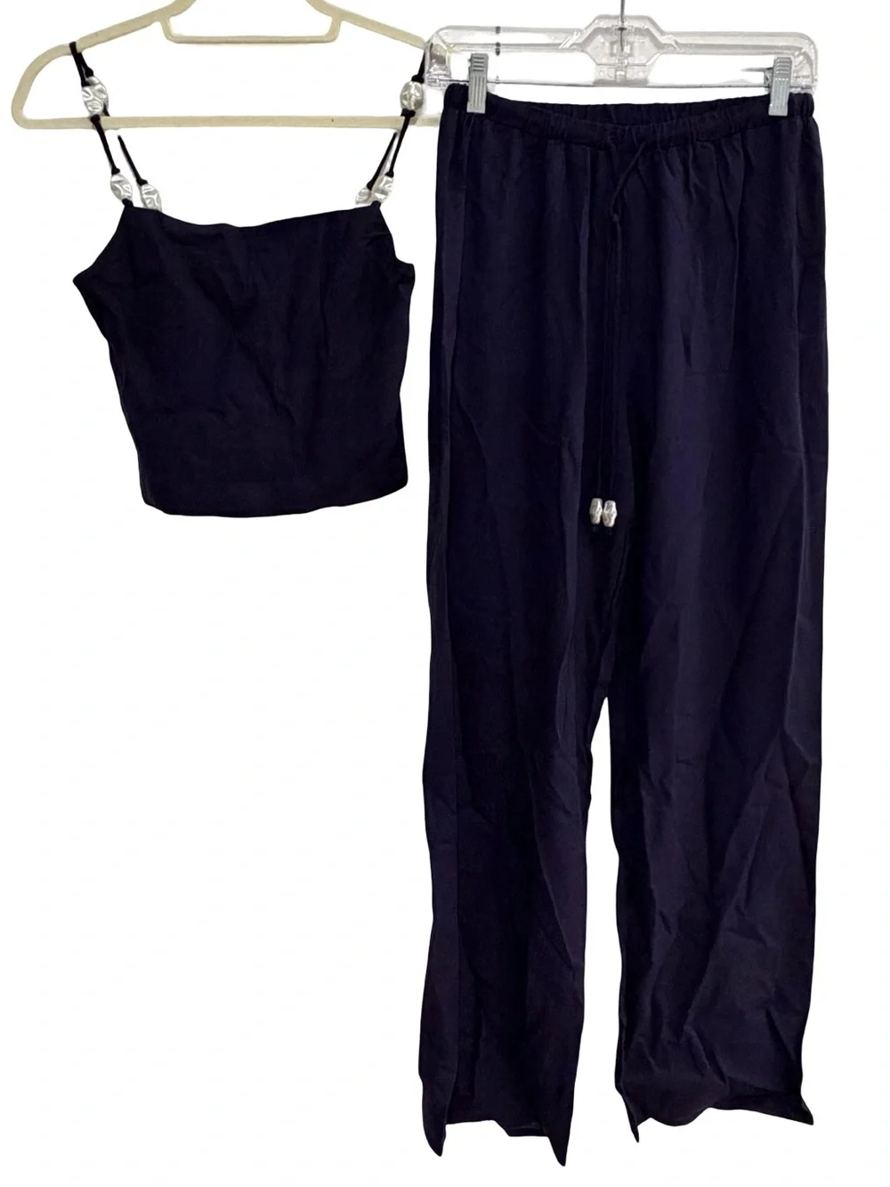 Paper Heart Anthropologie Navy Linen Beaded Cami Pants Set XS NWT